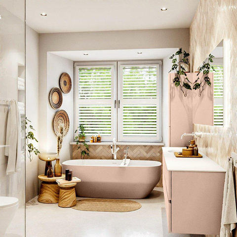 MONDIAZ Vica Ensemble meuble de salle de bains - 190cm - meuble sous-vasque rosee - 4 tiroirs - lavabo moon gauche - sans trous de robinet - version haute 60cm - talc SW1080431