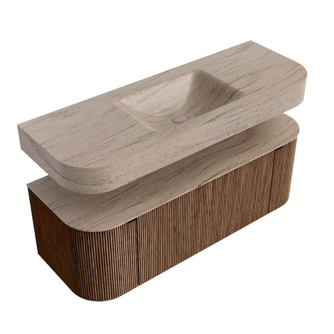 MONDIAZ THOR-DLUX 130cm badmeubel ronding links + rechts kleur Walnut met 1 lade en 2 deuren. Vrijhangende wastafel CLOUD Midden 1 kraangat kleur Saba. SW1464018