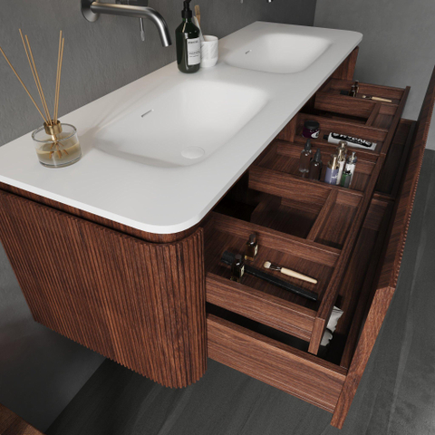 Royal Plaza Terra Edge Ensemble meuble de salle de bains - 140x44.7x46cm - vasque en solid surface blanc mat - 2 vasques - 2 trous de robinet - 2 tiroirs - châtaignier (noyer) SW1471921