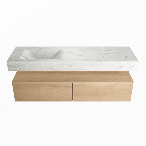Mondiaz ALAN-DLUX Ensemble de meuble - 150cm - meuble Washed Oak mat - 2 tiroirs - Lavabo Cloud Opalo suspendu - vasque Gauche - 1 trou de robinet SW809040