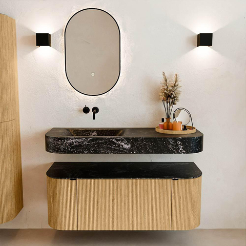 MONDIAZ THOR-DLUX 120cm meuble de salle de bains arrondi gauche + droite couleur Oak avec 1 tiroir et 2 portes. Vasque suspendue CLOUD Gauche sans trou de robinet couleur Lava. SW1463089
