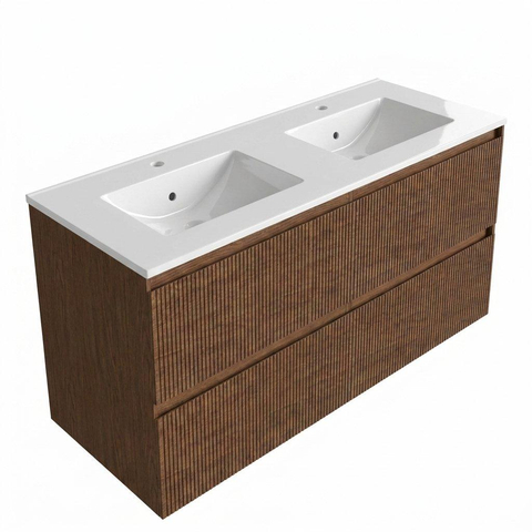Saniclass Holz Atelier Meuble de salle de bain - 120x45x60cm - lavabo en céramique blanc - 2 vasques - sans trous de robinet - 2 tiroirs - Walnut pure SW1437733