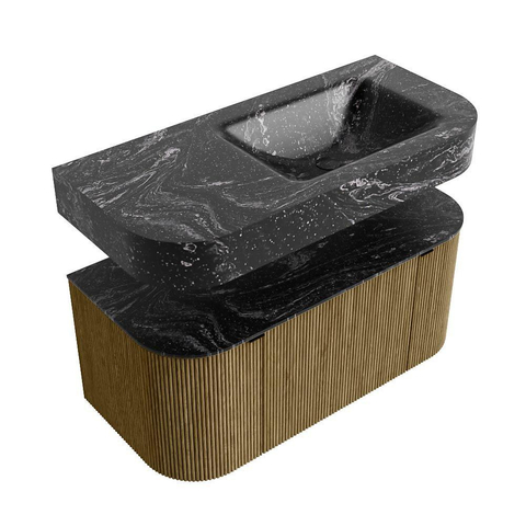 MONDIAZ THOR-DLUX 100cm meuble de salle de bains arrondi gauche + droite couleur Dusk avec 1 tiroir et 2 portes. Vasque suspendue CLOUD Droite sans trou de robinet couleur Lava. SW1467344