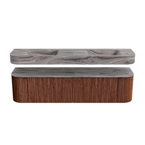 MONDIAZ THOR-DLUX 180cm meuble de salle de bains arrondi gauche + droite couleur Ruby avec 2 tiroirs et 2 portes. Vasque suspendue CLOUD Double sans trou de robinet couleur Sombra. SW1466338