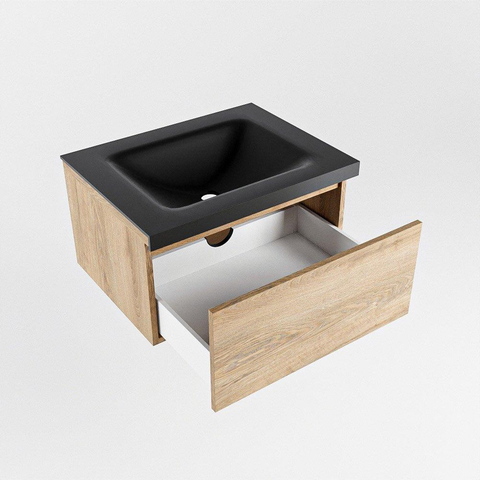 Mondiaz BUKLA Ensemble de meuble - 60x45x34cm - 0 trous de robinet - lavabo centré - solid surface - Urban - sans poignée - 1 tiroir - Mélamine - Chêne blanchi SW704788