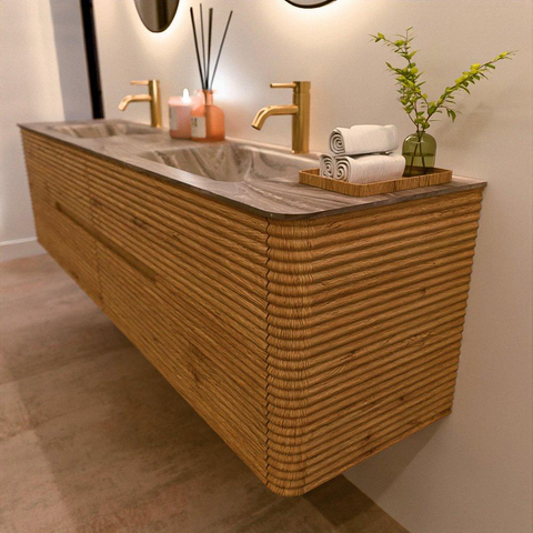 Mondiaz CIRO-DLUX Badkamermeubelset - 190x45x50cm - Solid surface wastafel Sombra - 2 wasbak Dubbel - 2 kraangaten - 4 lades - Oak SW1531324