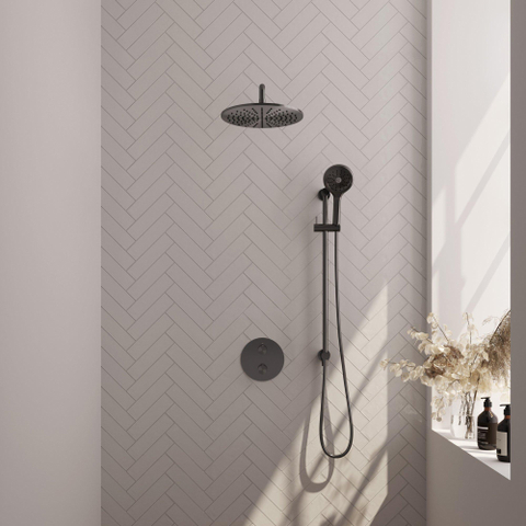 BRAUER Gunmetal Edition douche de pluie encastrée thermostatique - 3 voies - rond - set 94 - pomme de douche 30cm - bras mural courbé - douchette 3 jets - flexible de douche - barre de douche intégrée - gunmetal brossé PVD SW1159170