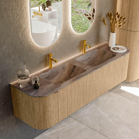 MONDIAZ KURVE-DLUX meuble de salle de bains 170cm arrondi gauche + droite couleur Oak avec 1 tiroir et 2 portes. Plan-vasque LEAF double 2 trous de robinet Oza. SW1432675
