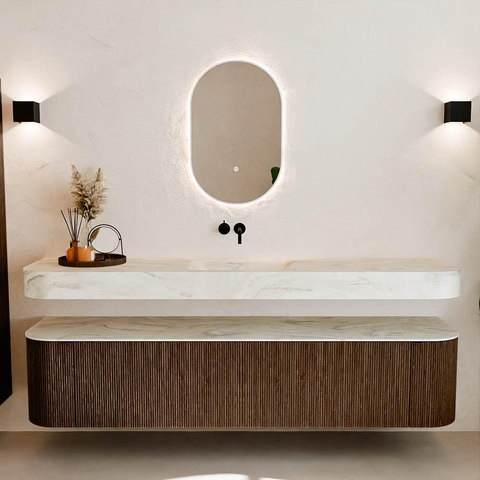 MONDIAZ THOR-DLUX 200cm meuble de salle de bains arrondi gauche + droite couleur Walnut avec 2 tiroirs et 2 portes. Vasque suspendue CLOUD Milieu sans trou de robinet couleur Ostra. SW1467004