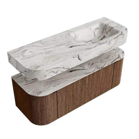 MONDIAZ THOR-DLUX 130cm badmeubel ronding links + rechts kleur Walnut met 1 lade en 2 deuren. Vrijhangende wastafel CLOUD Rechts zonder kraangat kleur Glace. SW1463618