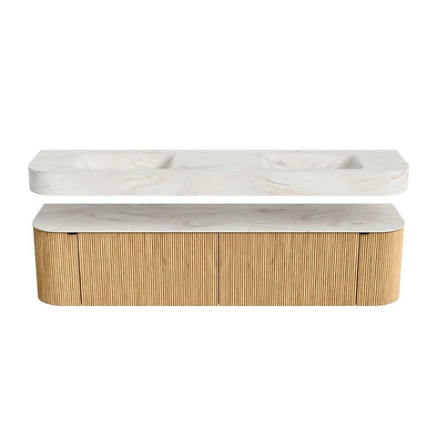 MONDIAZ THOR-DLUX Meuble de salle de bains - 190cm - arrondi gauche + droite - couleur Oak - 2 tiroirs et 2 portes - Vasque suspendue CLOUD Double sans trou de robinet - couleur Ostra SW1466388