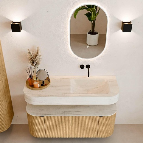 MONDIAZ THOR-DLUX Meuble de salle de bains 120cm arrondi gauche + droite couleur Oak avec 1 tiroir et 2 portes. Vasque suspendue CLOUD Droite sans trou de robinet couleur Meli. SW1463303