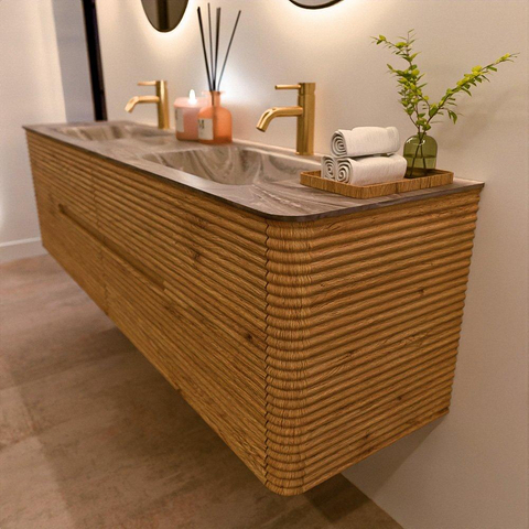 Mondiaz CIRO-DLUX Badkamermeubelset - 180x45x50cm - Solid surface wastafel Sombra - 2 wasbak Dubbel - 2 kraangaten - 4 lades - Oak SW1531284