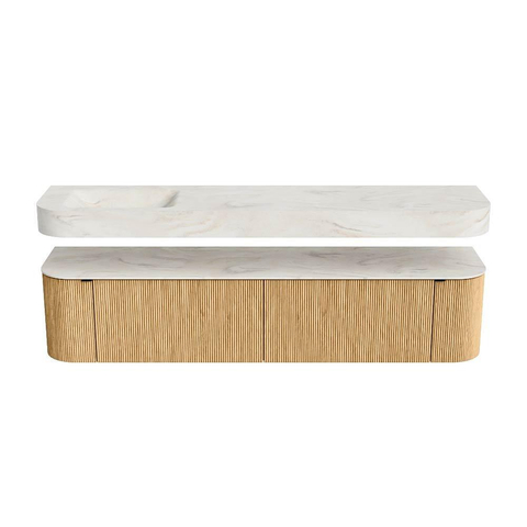 MONDIAZ THOR-DLUX 200cm badmeubel ronding links + rechts kleur Oak met 2 lades en 2 deuren. Vrijhangende wastafel CLOUD Links zonder kraangat kleur Ostra. SW1466971