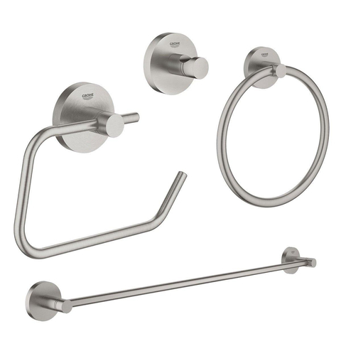 Grohe Essentials Accessoireset 4-delig - handdoekring - handdoekhouder - handdoekhaak - toiletrolhouder zonder klep - Supersteel (RVS) SW529111