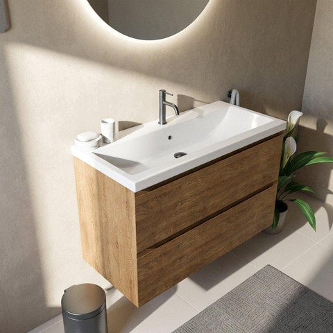 Saniclass Holz Pure Ensemble meuble de salle de bains - 100x45x63.5cm - Lavabo en céramique Bari blanc - 1 vasque - 1 trou de robinet - 2 tiroirs - chêne naturel mat (bois) SW1478758
