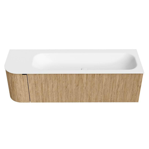 MONDIAZ KURVE 145cm meuble de salle de bains avec module 25 L couleur Oak avec 1 tiroir et 1 porte. Lavabo BIG LARGE à droite sans trou de robinet Talc. SW1138175