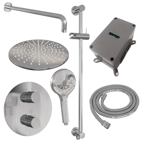 BRAUER Chrome Carving douche de pluie encastrée thermostatique - 3 voies - rond - set 94 - pomme de douche 30cm - bras mural courbé - douchette 3 jets - flexible de douche - barre de douche intégrée - chrome SW1159007