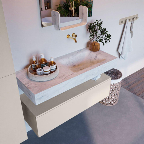 Mondiaz ALAN-DLUX Ensemble de meuble - 110cm - meuble Linen mat - 1 tiroir - Lavabo Cloud Opalo suspendu - vasque Droite - 0 trous de robinet SW806500