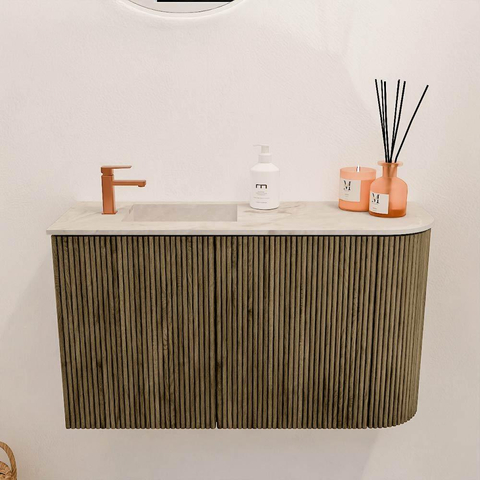 Mondiaz JOYA-DLUX Meuble de salle de bains 71,6cm - arrondi droit couleur Dusk - Vasque FAYE position Gauche 1 trou de robinet couleur Frappe SW1423101
