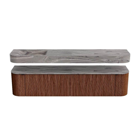 MONDIAZ THOR-DLUX 200cm meuble de salle de bains arrondi gauche + droite couleur Ruby avec 2 tiroirs et 2 portes. Vasque suspendue CLOUD Gauche sans trou de robinet couleur Sombra. SW1467278