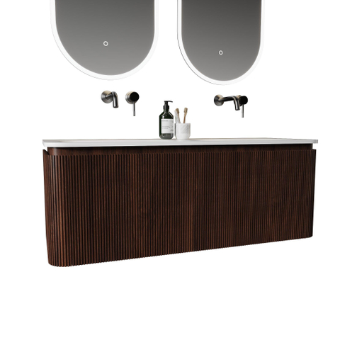 Royal Plaza Terra Edge Ensemble meuble de salle de bains - 120x45.5x46cm - vasque en céramique blanc brillant - 2 vasques - sans trous de robinet - 2 tiroirs - châtaignier (noyer) SW1471939