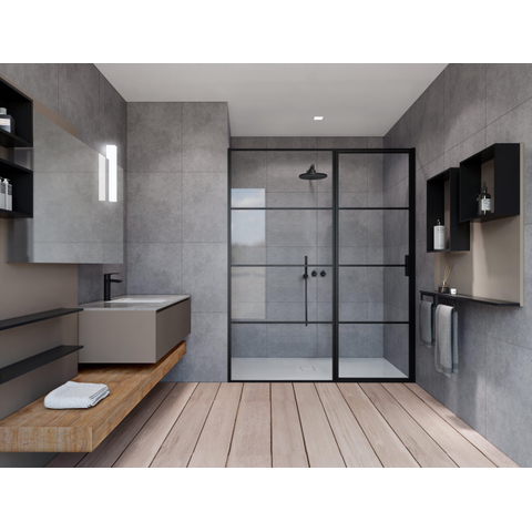 Marenza Bellini Porte de douche - 160x200cm - panneau fixe - cadre lignes côté extérieur - anti-calcaire - noir mat SW491691