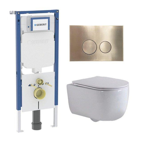QeramiQ Dely Swirl Toiletset - 36.3x51.7cm - diepspoel - rimless - Geberit UP720 Duofix Sigma inbouwreservoir -slim zitting - geborsteld messing bedieningsplaat - ronde knoppen - mat wit SW1414021