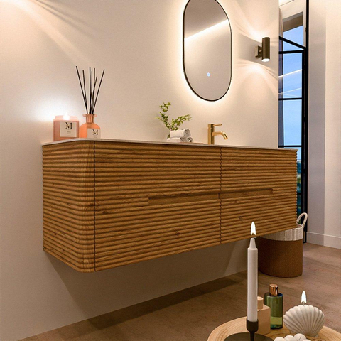 Mondiaz CIRO-DLUX Badkamermeubelset - 150x45x50cm - Solid surface wastafel Meli - 1 wasbak Rechts - 1 kraangat - 4 lades - Oak SW1531408