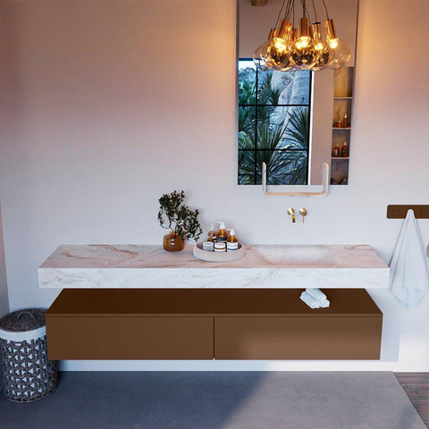 Mondiaz ALAN-DLUX Ensemble de meuble - 200cm - meuble Rust mat - 2 tiroirs - Lavabo Cloud Frappe suspendu - vasque Droite - 0 trous de robinet SW805325
