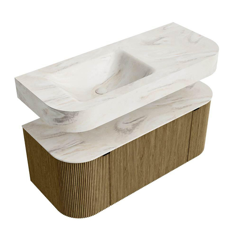 MONDIAZ THOR-DLUX 110cm meuble de salle de bains arrondi gauche + droite couleur Dusk avec 1 tiroir et 2 portes. Vasque suspendue CLOUD Gauche 1 trou de robinet couleur Ostra. SW1462841