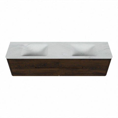 Mondiaz CIRO-DLUX Meuble de salle de bains - 190x45x50cm - vasque solid surface Opalo - 2 bacs Double - sans trous de robinet - 4 tiroirs - Noyer SW1530352