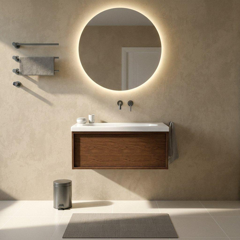 Saniclass Holz Frame Ensemble meuble de salle de bains - 100x45x43.5cm - Palermo lavabo en céramique blanc - 1 vasque - sans trou de robinetterie - 1 tiroir - walnut pure mat (bois) SW1478613