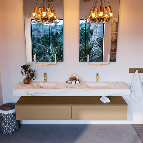 Mondiaz ALAN-DLUX Ensemble de meuble - 200cm - meuble Oro mat - 2 tiroirs - Lavabo Cloud Frappe suspendu - vasque Gauche et droite - 2 trous de robinet SW805283