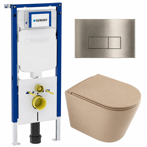 QeramiQ Dely Toiletset - 36.3x51.7cm - Geberit UP720 inbouwreservoir - rimless - diepspoel - zitting - softclose - bedieningsplaat geborsteld messing - rechthoekige knoppen - mat beige SW1426535