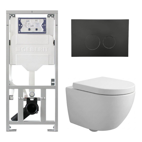 QeramiQ Dely Swirl Compact Toiletset - inbouwreservoir Geberit UP320 - met Burda frame - 25mm zitting - metalen bedieningsplaat mat zwart - ronde knoppen - mat wit SW1595659