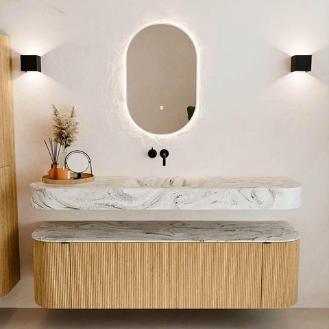 MONDIAZ THOR-DLUX 160cm meuble de salle de bains arrondi gauche + droite couleur Oak avec 1 tiroir et 2 portes. Vasque suspendue CLOUD Milieu sans trou de robinet couleur Glace. SW1464956