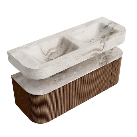 MONDIAZ THOR-DLUX 130cm badmeubel ronding links + rechts kleur Walnut met 1 lade en 2 deuren. Vrijhangende wastafel CLOUD Dubbel 2 kraangaten kleur Frappe. SW1463606