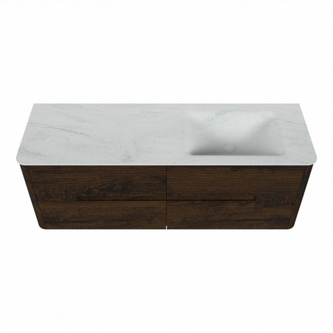 Mondiaz CIRO-DLUX Ensemble meuble de salle de bains - 140x45x50cm - Vasque en solid surface Opalo - 1 lavabo à droite - sans trous de robinet - 4 tiroirs - Noyer SW1530344