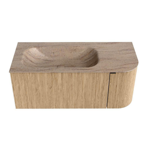 MONDIAZ KURVE-DLUX 105cm badmeubel ronding Rechts kleur Oak met 1 lade en 1 deur. Wastafel BIG SMALL Links 1 kraangat Saba. SW1433061