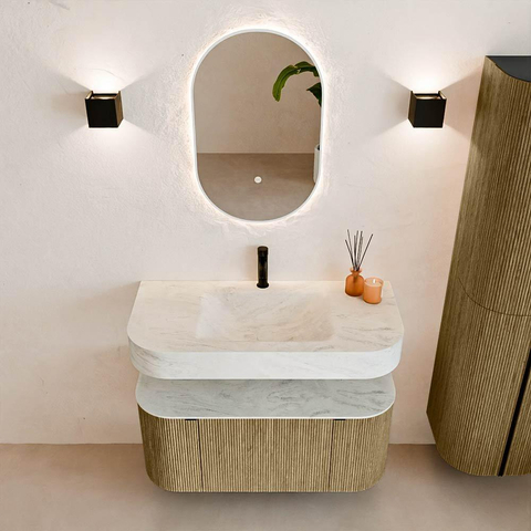 MONDIAZ THOR-DLUX Meuble de salle de bains - 100cm - arrondi gauche + droite - couleur Dusk - 1 tiroir - 2 portes - Vasque suspendue CLOUD Milieu 1 trou de robinet couleur Opalo SW1467348