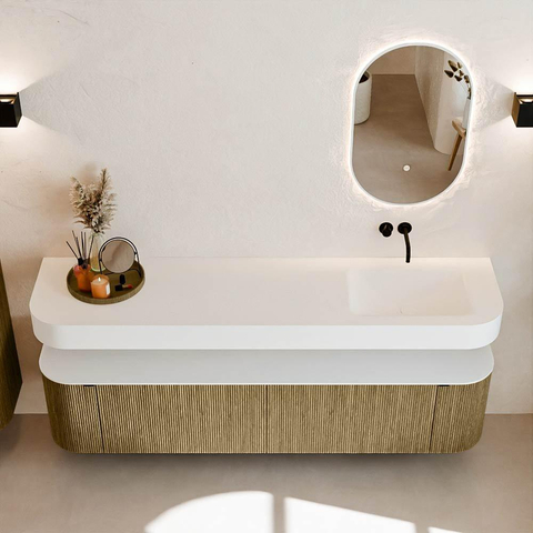 MONDIAZ THOR Meuble de salle de bains 190cm arrondi gauche + droite couleur Dusk avec 2 tiroirs et 2 portes. Vasque suspendue CLOUD Droite sans trou de robinet couleur Talc. SW1466437