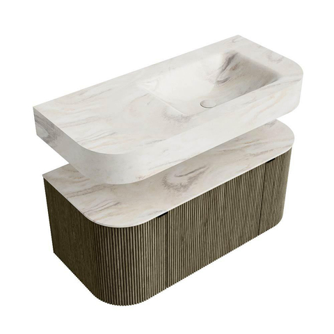 MONDIAZ THOR-DLUX 100cm meuble de salle de bains arrondi gauche + droite couleur Shadow avec 1 tiroir et 2 portes. Vasque suspendue CLOUD droite 1 trou de robinet couleur Ostra. SW1467532