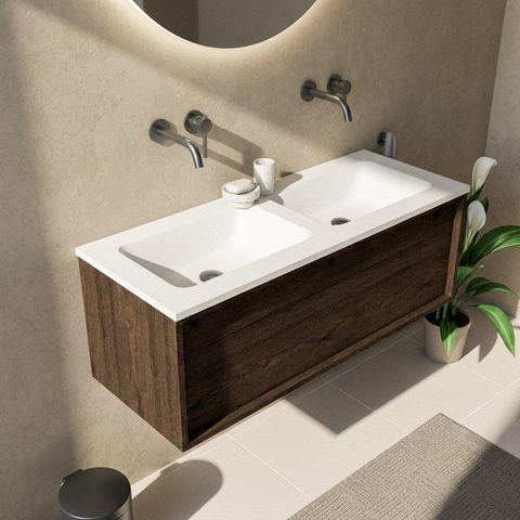 Saniclass Holz Frame Ensemble meuble de salle de bains - 120x45x57.5cm - vasque Torino en solid surface blanc - sans trou de robinetterie - 1 tiroir - chêne charcoal mat (bois) SW1478671