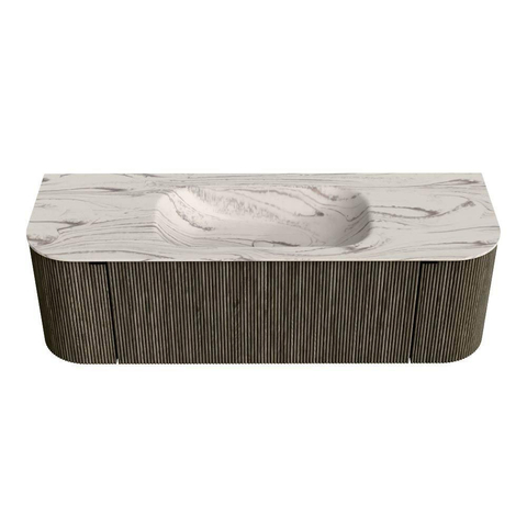 MONDIAZ KURVE-DLUX 140cm badmeubel ronding Links + Rechts kleur Shadow met 1 lade en 2 deuren. Wastafel BIG SMALL Midden 1 kraangat Nata. SW1432287