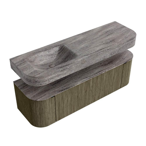 MONDIAZ THOR-DLUX 150cm badmeubel ronding links + rechts kleur Shadow met 1 lade en 2 deuren. Vrijhangende wastafel CLOUD Links zonder kraangat kleur Oza. SW1464899