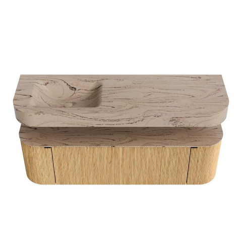 MONDIAZ THOR-DLUX 150cm badmeubel ronding links + rechts kleur Oak met 1 lade en 2 deuren. Vrijhangende wastafel CLOUD Links zonder kraangat kleur Arena. SW1464717