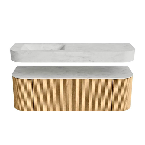 MONDIAZ THOR-DLUX 140cm badmeubel ronding links + rechts kleur Oak met 1 lade en 2 deuren. Vrijhangende wastafel CLOUD Links zonder kraangat kleur Opalo. SW1463916