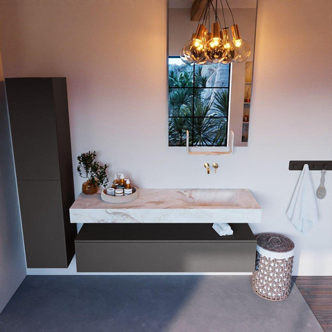 Mondiaz ALAN-DLUX Ensemble de meuble - 150cm - meuble Dark grey mat - 1 tiroir - Lavabo Cloud Frappe suspendu - vasque Droite - 0 trous de robinet SW805368