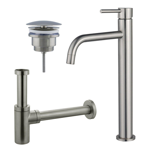 Fortifura Calvi Slim Kit mitigeur lavabo - robinet rehaussé - bonde nonobturable - siphon design - PVD Inox brossé SW911750
